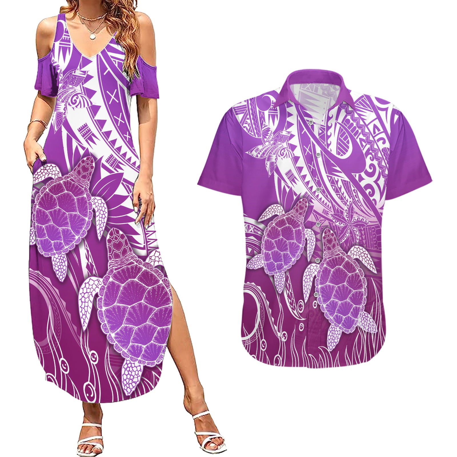 Polynesia Valentine Day Couples Matching Summer Maxi Dress and Hawaiian Shirt Polynesian Sea Turtle Purple Version LT14 Purple - Polynesian Pride