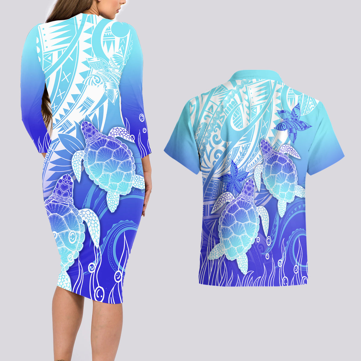 Polynesia Valentine Day Couples Matching Long Sleeve Bodycon Dress and Hawaiian Shirt Polynesian Sea Turtle Turquoise Version LT14 - Polynesian Pride