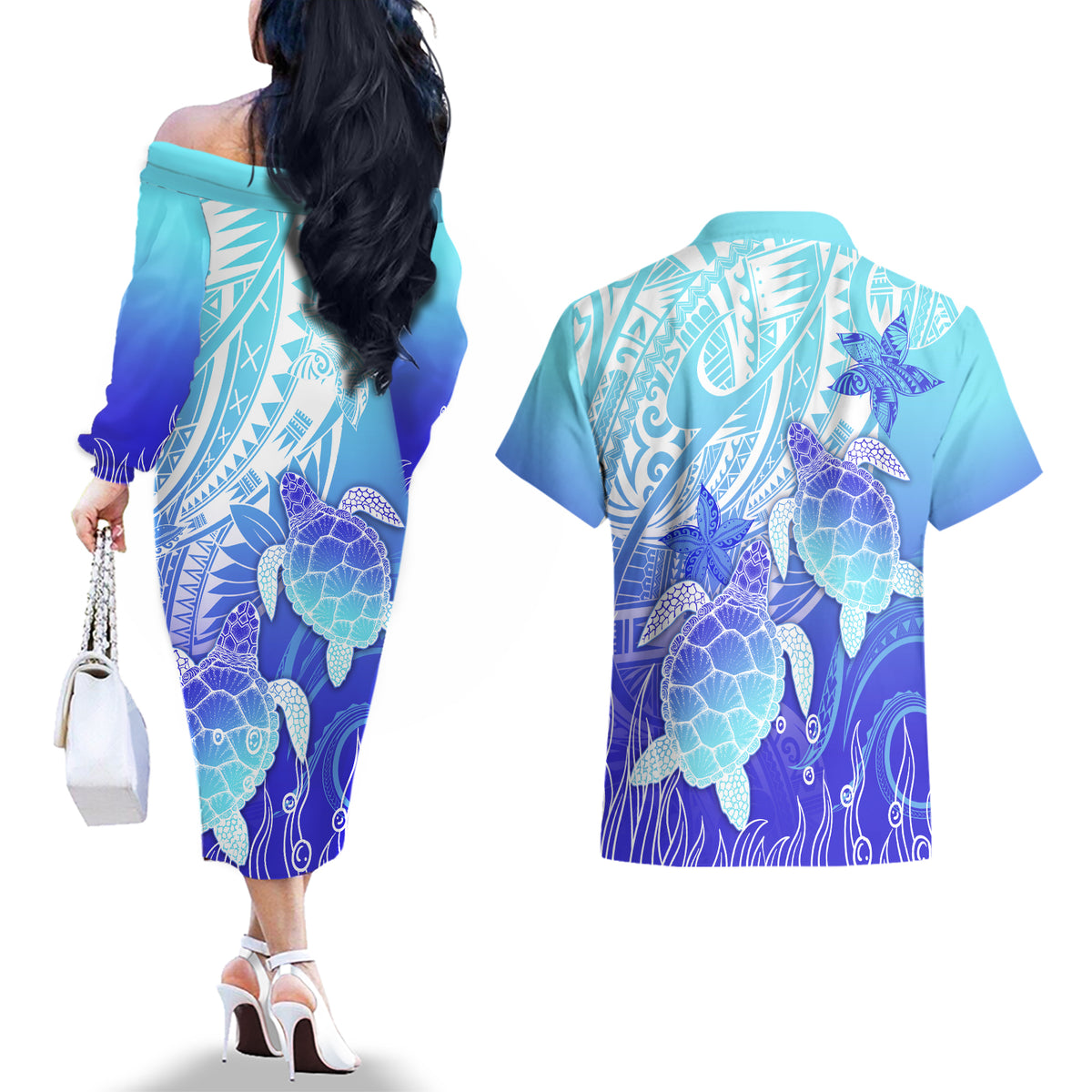 Polynesia Valentine Day Couples Matching Off The Shoulder Long Sleeve Dress and Hawaiian Shirt Polynesian Sea Turtle Turquoise Version LT14 - Polynesian Pride