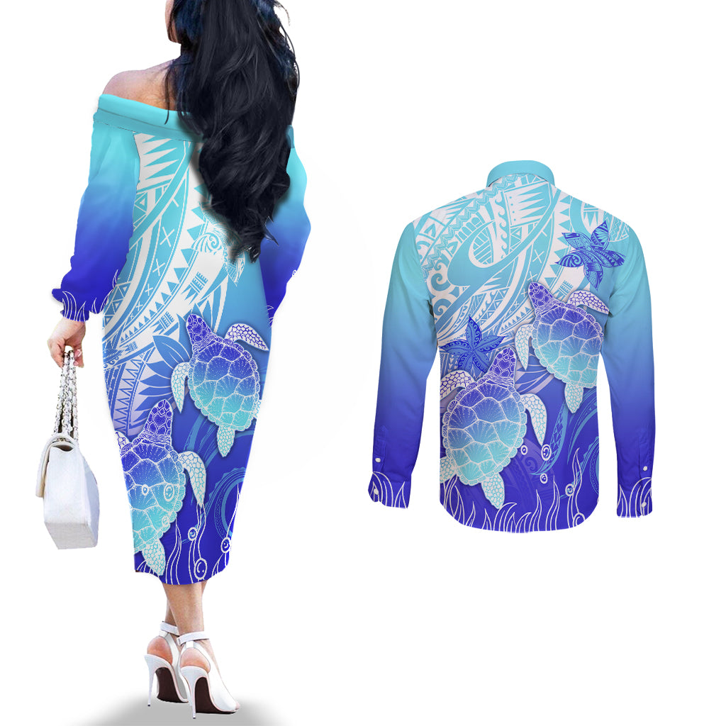 Polynesia Valentine Day Couples Matching Off The Shoulder Long Sleeve Dress and Long Sleeve Button Shirt Polynesian Sea Turtle Turquoise Version LT14 - Polynesian Pride