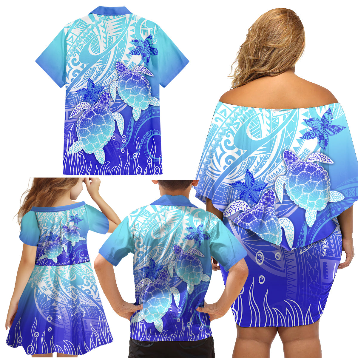 Polynesia Valentine Day Family Matching Off Shoulder Short Dress and Hawaiian Shirt Polynesian Sea Turtle Turquoise Version LT14 - Polynesian Pride