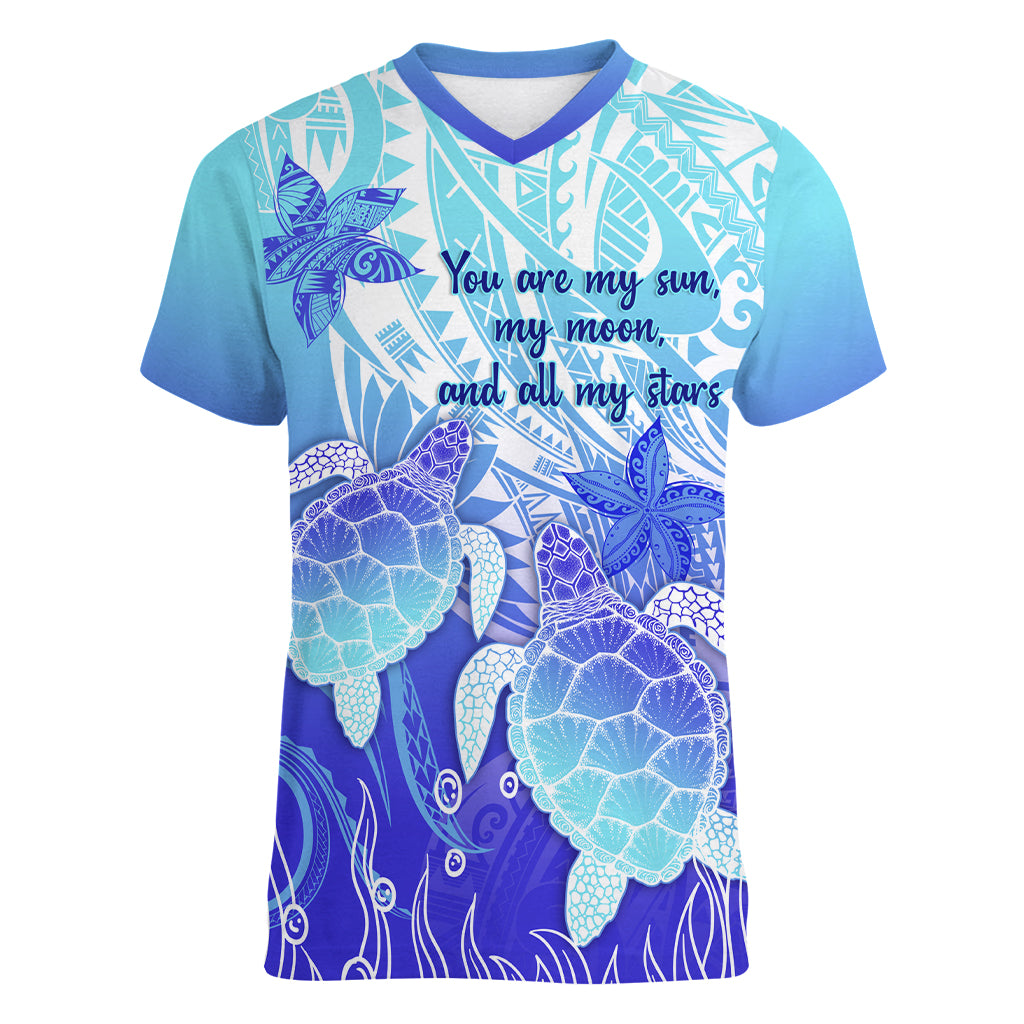 Polynesia Valentine Day Women V Neck T Shirt Polynesian Sea Turtle Turquoise Version LT14 Female Turquoise - Polynesian Pride