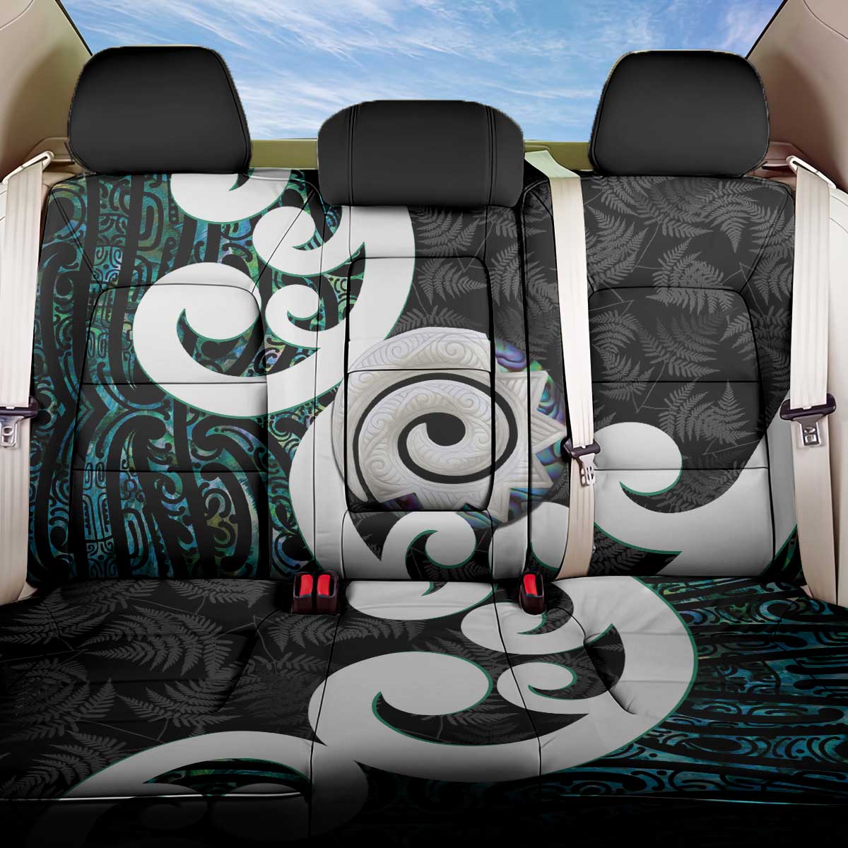 Aotearoa Koru Back Car Seat Cover Cyan Maori Paua Shell Mix Silver Fern