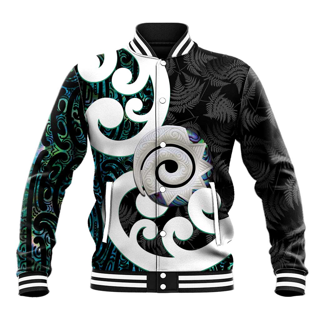 Aotearoa Koru Baseball Jacket Cyan Maori Paua Shell Mix Silver Fern