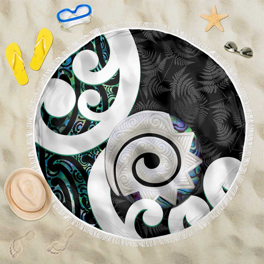 Aotearoa Koru Beach Blanket Cyan Maori Paua Shell Mix Silver Fern