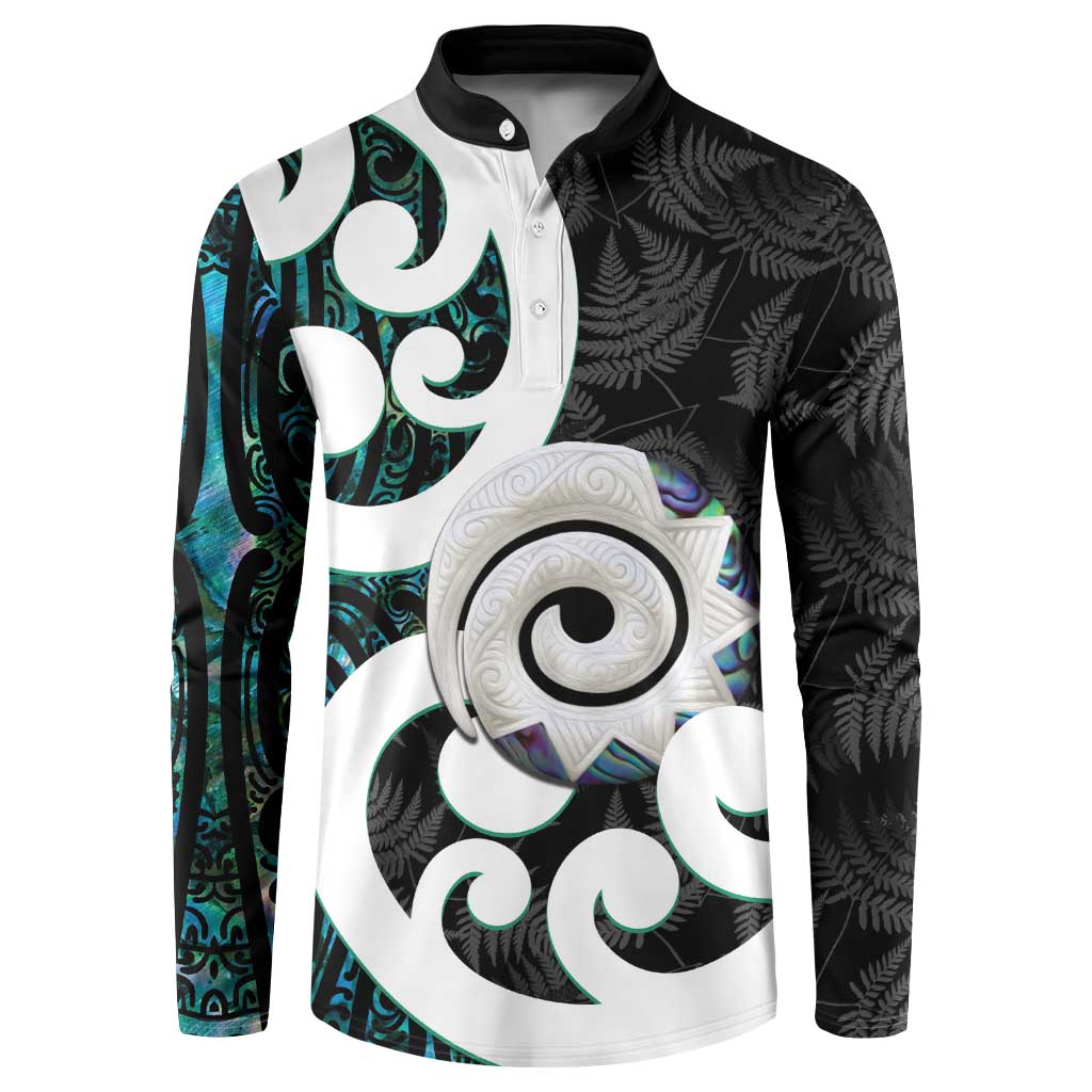 Aotearoa Koru Button Sweatshirt Cyan Maori Paua Shell Mix Silver Fern LT14 Black - Polynesian Pride