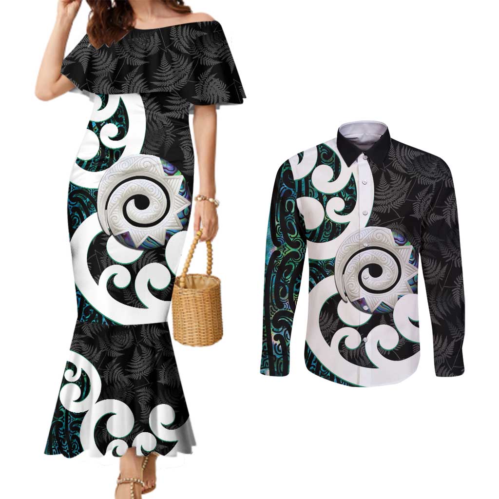 Aotearoa Koru Couples Matching Mermaid Dress and Long Sleeve Button Shirt Cyan Maori Paua Shell Mix Silver Fern