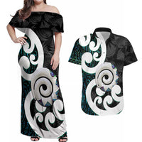 Aotearoa Koru Couples Matching Off Shoulder Maxi Dress and Hawaiian Shirt Cyan Maori Paua Shell Mix Silver Fern LT14 Black - Polynesian Pride