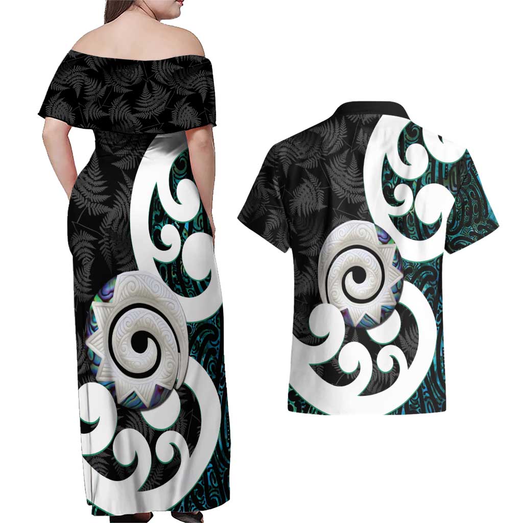 Aotearoa Koru Couples Matching Off Shoulder Maxi Dress and Hawaiian Shirt Cyan Maori Paua Shell Mix Silver Fern LT14 - Polynesian Pride