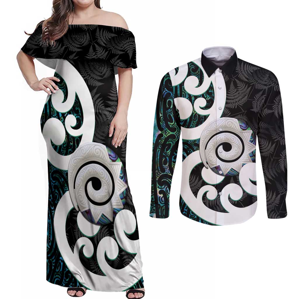 Aotearoa Koru Couples Matching Off Shoulder Maxi Dress and Long Sleeve Button Shirt Cyan Maori Paua Shell Mix Silver Fern