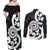 Aotearoa Koru Couples Matching Off Shoulder Maxi Dress and Long Sleeve Button Shirt Cyan Maori Paua Shell Mix Silver Fern