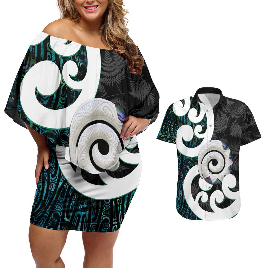 Aotearoa Koru Couples Matching Off Shoulder Short Dress and Hawaiian Shirt Cyan Maori Paua Shell Mix Silver Fern