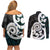 Aotearoa Koru Couples Matching Off Shoulder Short Dress and Long Sleeve Button Shirt Cyan Maori Paua Shell Mix Silver Fern