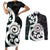 Aotearoa Koru Couples Matching Short Sleeve Bodycon Dress and Long Sleeve Button Shirt Cyan Maori Paua Shell Mix Silver Fern