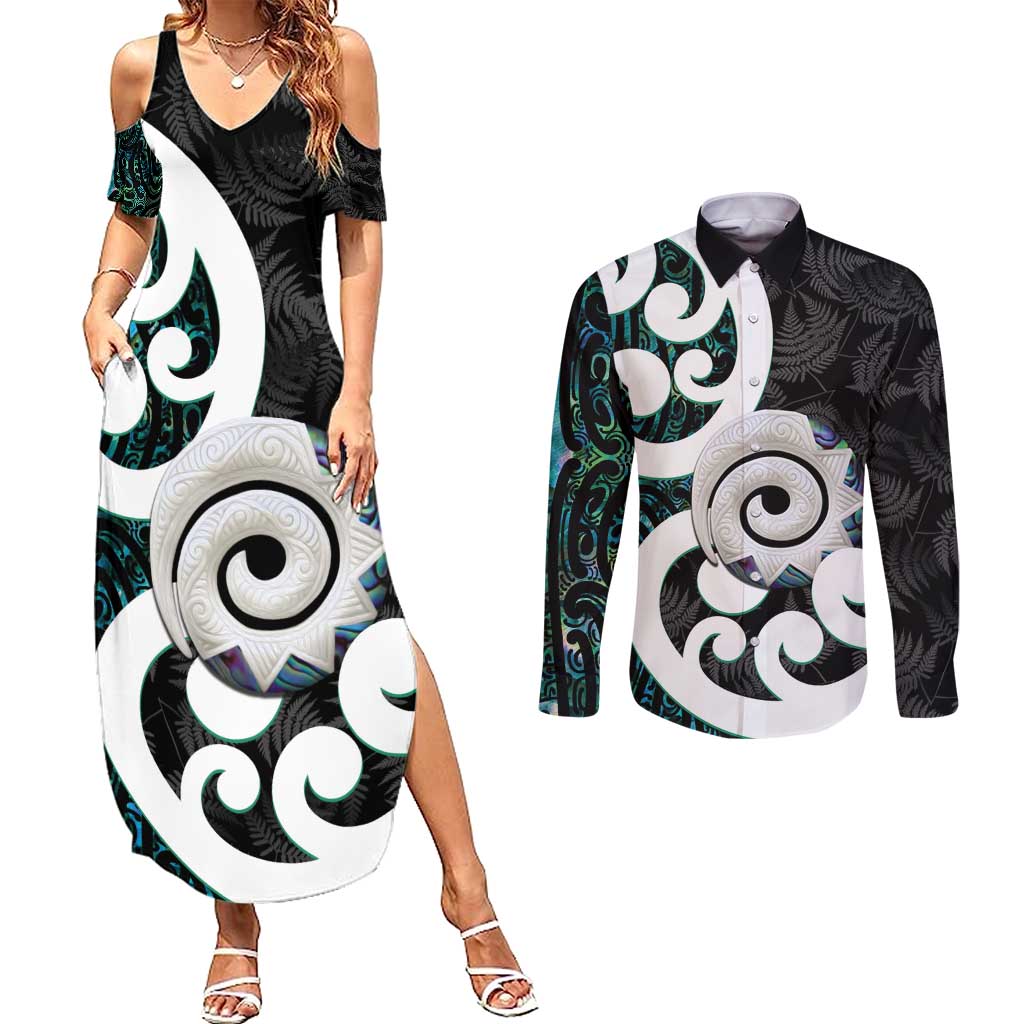 Aotearoa Koru Couples Matching Summer Maxi Dress and Long Sleeve Button Shirt Cyan Maori Paua Shell Mix Silver Fern