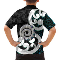 Aotearoa Koru Family Matching Long Sleeve Bodycon Dress and Hawaiian Shirt Cyan Maori Paua Shell Mix Silver Fern LT14 - Polynesian Pride