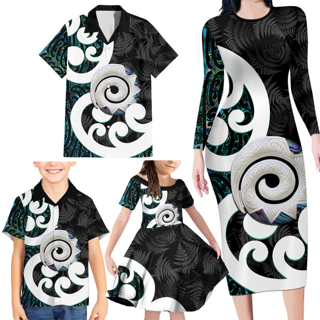 Aotearoa Koru Family Matching Long Sleeve Bodycon Dress and Hawaiian Shirt Cyan Maori Paua Shell Mix Silver Fern LT14 - Polynesian Pride