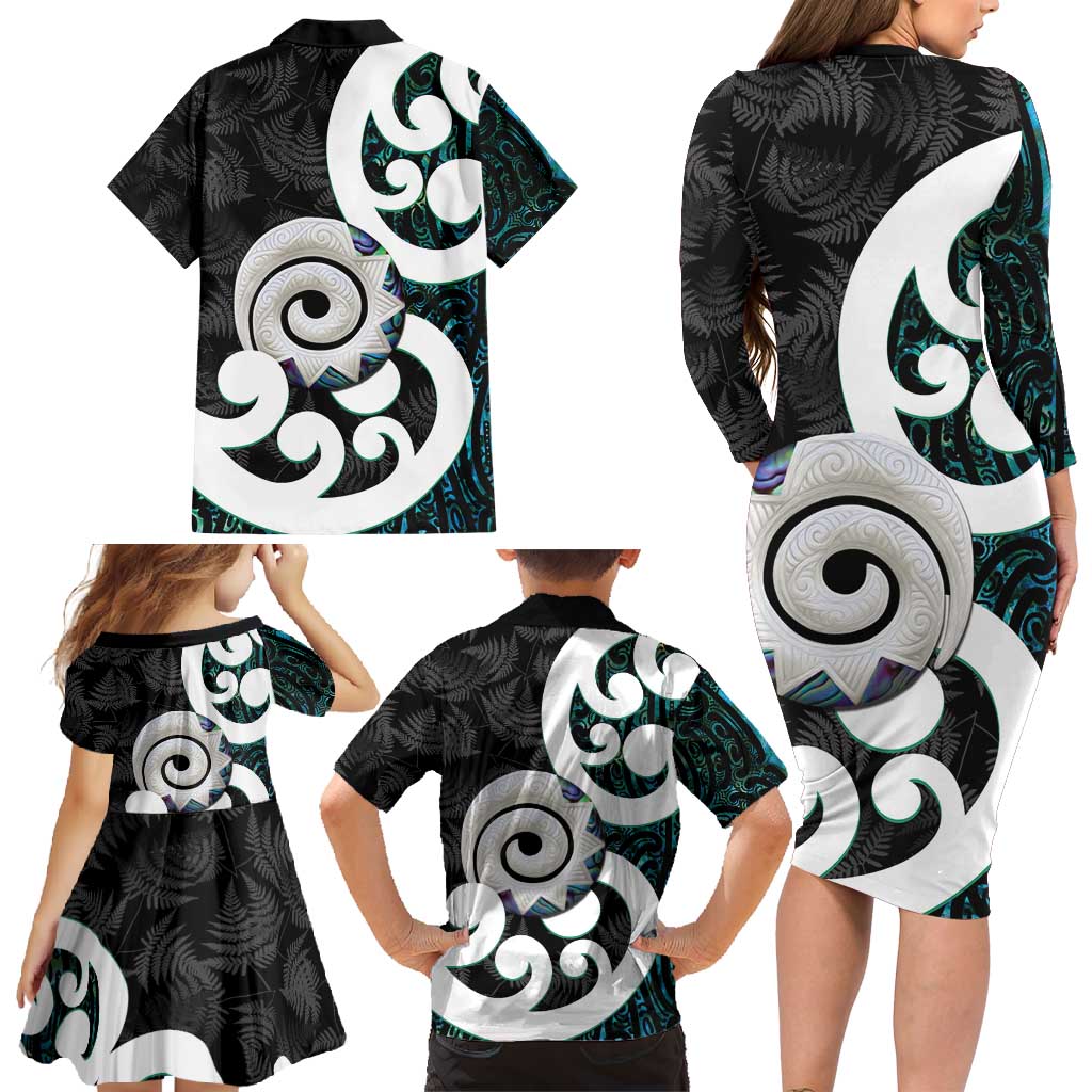 Aotearoa Koru Family Matching Long Sleeve Bodycon Dress and Hawaiian Shirt Cyan Maori Paua Shell Mix Silver Fern LT14 - Polynesian Pride