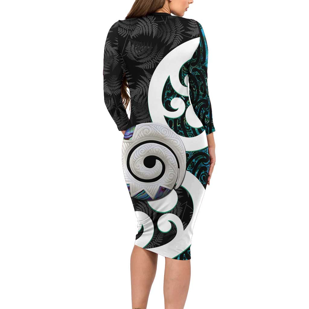 Aotearoa Koru Family Matching Long Sleeve Bodycon Dress and Hawaiian Shirt Cyan Maori Paua Shell Mix Silver Fern LT14 - Polynesian Pride