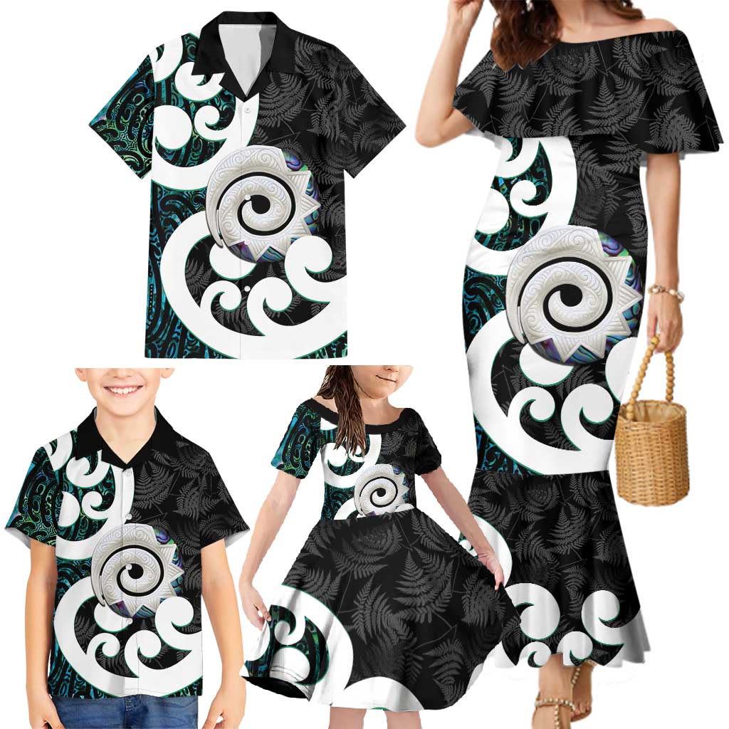 Aotearoa Koru Family Matching Mermaid Dress and Hawaiian Shirt Cyan Maori Paua Shell Mix Silver Fern LT14 - Polynesian Pride
