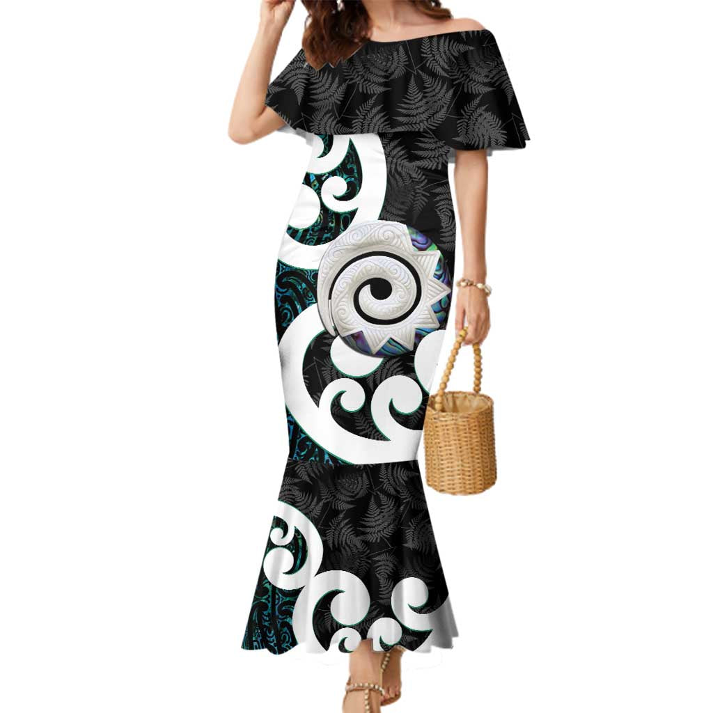 Aotearoa Koru Family Matching Mermaid Dress and Hawaiian Shirt Cyan Maori Paua Shell Mix Silver Fern LT14 Mom's Dress Black - Polynesian Pride