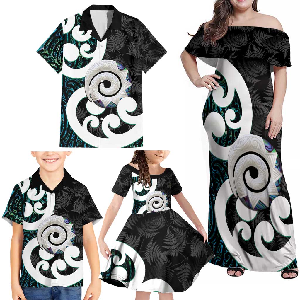 Aotearoa Koru Family Matching Off Shoulder Maxi Dress and Hawaiian Shirt Cyan Maori Paua Shell Mix Silver Fern LT14 - Polynesian Pride
