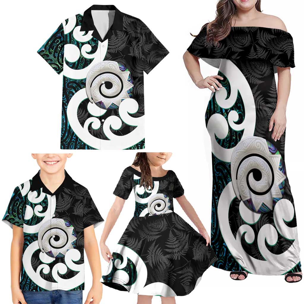 Aotearoa Koru Family Matching Off Shoulder Maxi Dress and Hawaiian Shirt Cyan Maori Paua Shell Mix Silver Fern