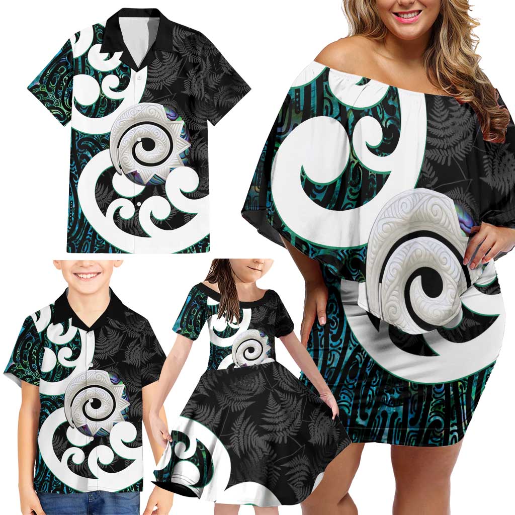 Aotearoa Koru Family Matching Off Shoulder Short Dress and Hawaiian Shirt Cyan Maori Paua Shell Mix Silver Fern LT14 - Polynesian Pride