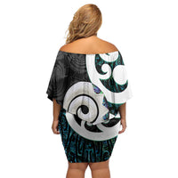 Aotearoa Koru Family Matching Off Shoulder Short Dress and Hawaiian Shirt Cyan Maori Paua Shell Mix Silver Fern