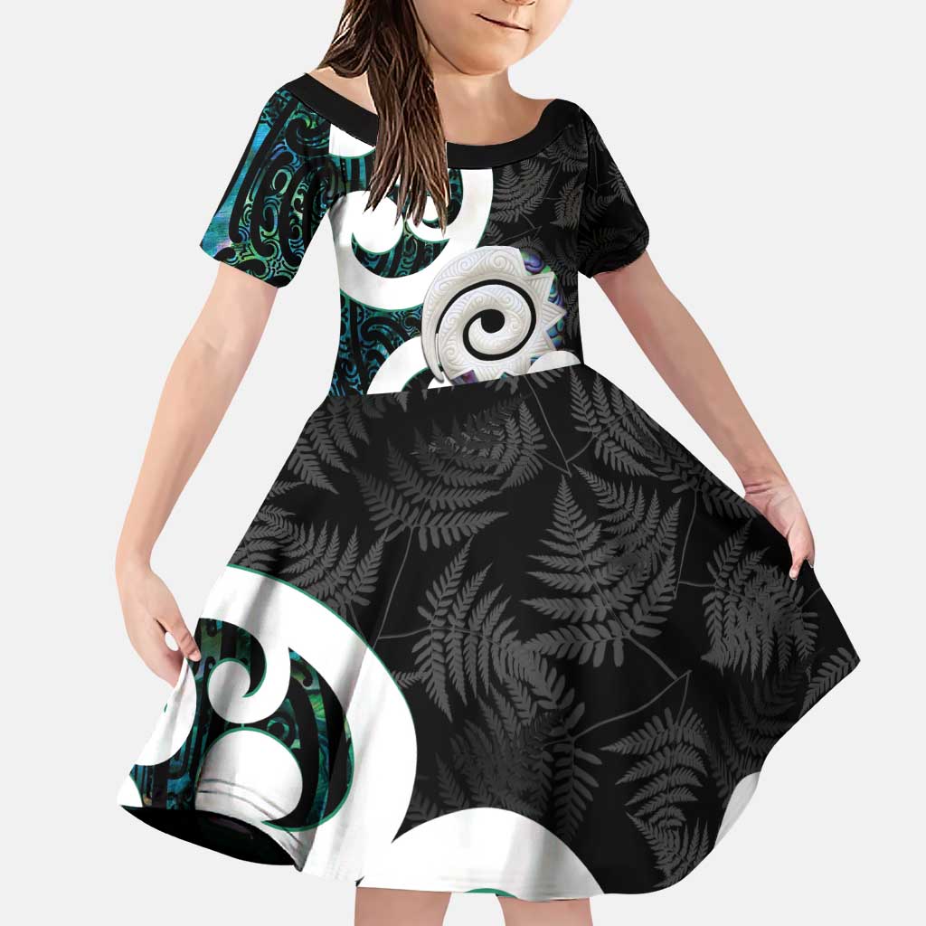 Aotearoa Koru Family Matching Puletasi and Hawaiian Shirt Cyan Maori Paua Shell Mix Silver Fern LT14 Daughter's Dress Black - Polynesian Pride