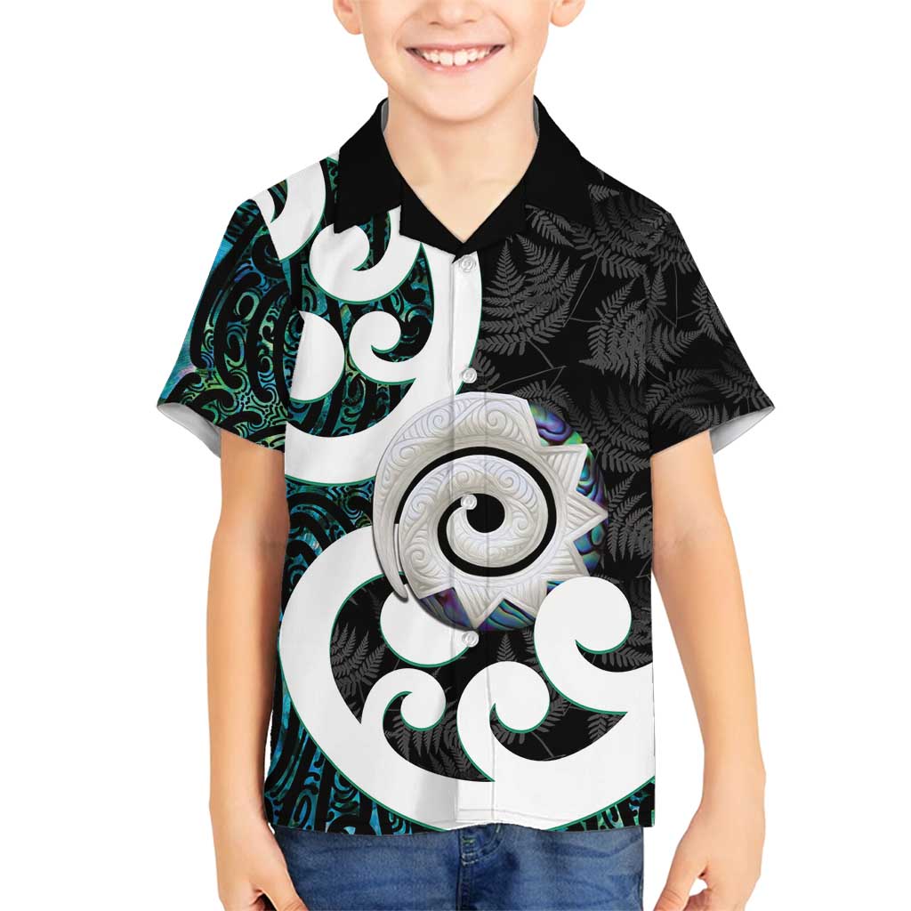 Aotearoa Koru Family Matching Puletasi and Hawaiian Shirt Cyan Maori Paua Shell Mix Silver Fern LT14 Son's Shirt Black - Polynesian Pride
