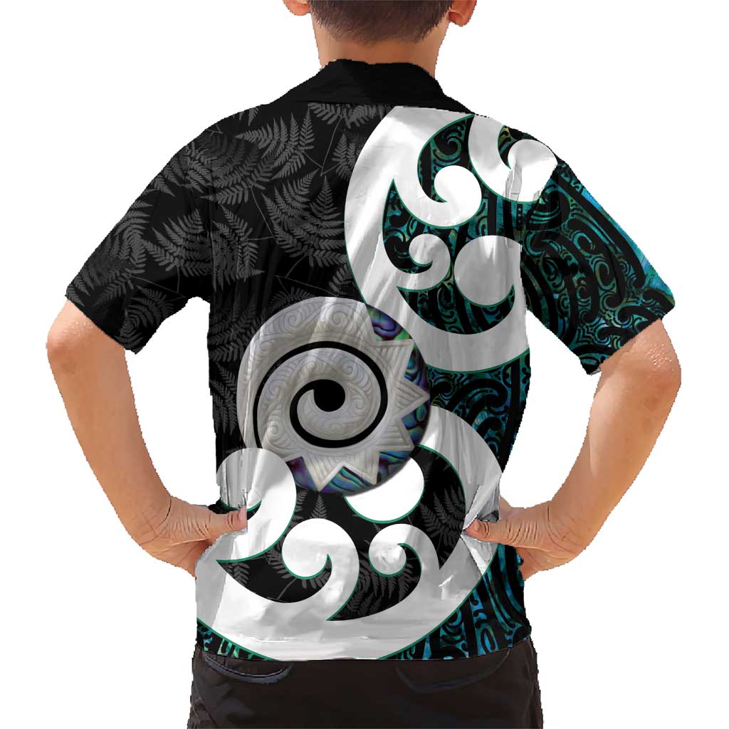 Aotearoa Koru Family Matching Short Sleeve Bodycon Dress and Hawaiian Shirt Cyan Maori Paua Shell Mix Silver Fern LT14 - Polynesian Pride