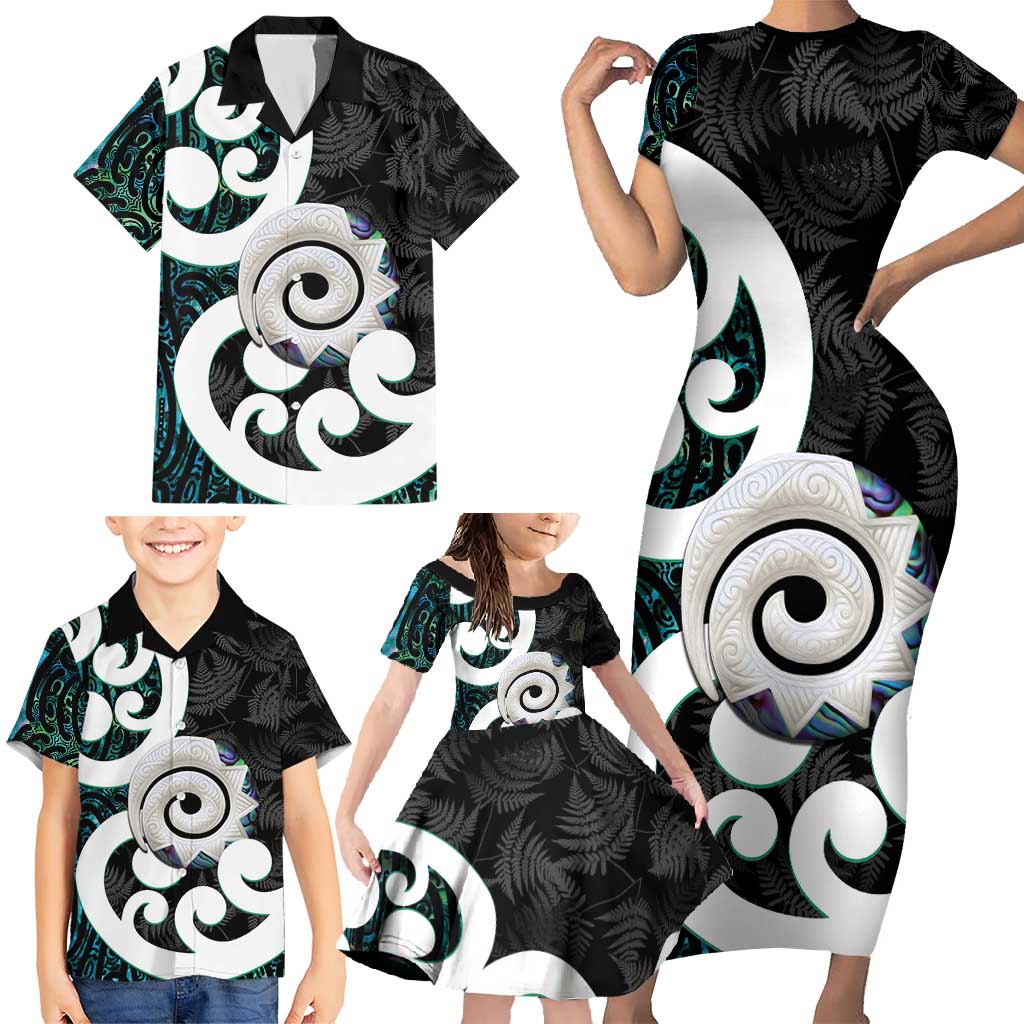 Aotearoa Koru Family Matching Short Sleeve Bodycon Dress and Hawaiian Shirt Cyan Maori Paua Shell Mix Silver Fern