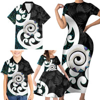 Aotearoa Koru Family Matching Short Sleeve Bodycon Dress and Hawaiian Shirt Cyan Maori Paua Shell Mix Silver Fern LT14 - Polynesian Pride