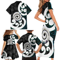 Aotearoa Koru Family Matching Short Sleeve Bodycon Dress and Hawaiian Shirt Cyan Maori Paua Shell Mix Silver Fern LT14 - Polynesian Pride