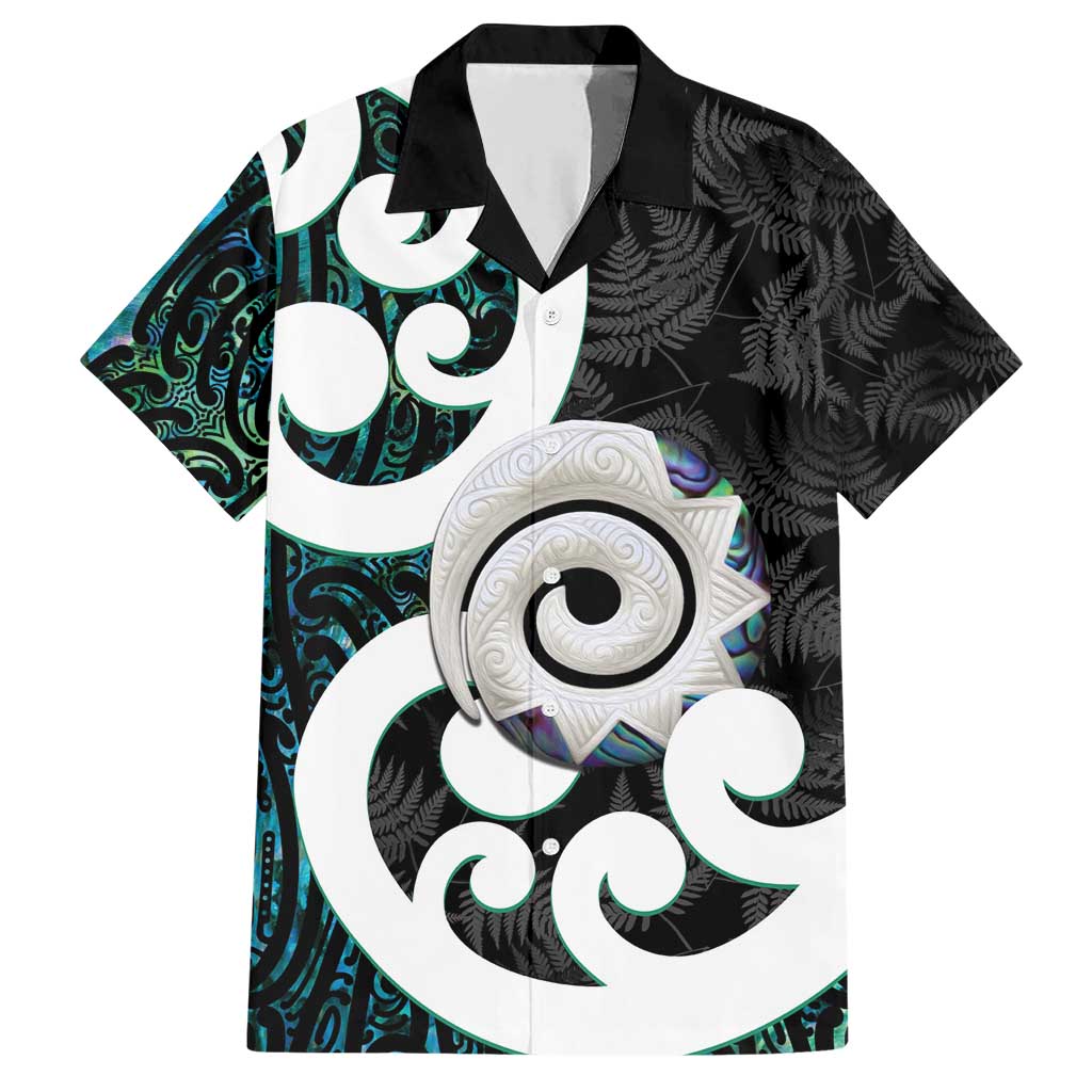Aotearoa Koru Family Matching Short Sleeve Bodycon Dress and Hawaiian Shirt Cyan Maori Paua Shell Mix Silver Fern LT14 Dad's Shirt - Short Sleeve Black - Polynesian Pride