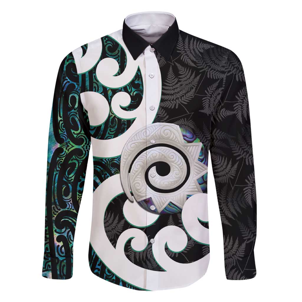 Aotearoa Koru Family Matching Short Sleeve Bodycon Dress and Hawaiian Shirt Cyan Maori Paua Shell Mix Silver Fern LT14 Dad's Shirt - Long Sleeve Black - Polynesian Pride