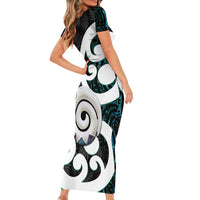Aotearoa Koru Family Matching Short Sleeve Bodycon Dress and Hawaiian Shirt Cyan Maori Paua Shell Mix Silver Fern LT14 - Polynesian Pride