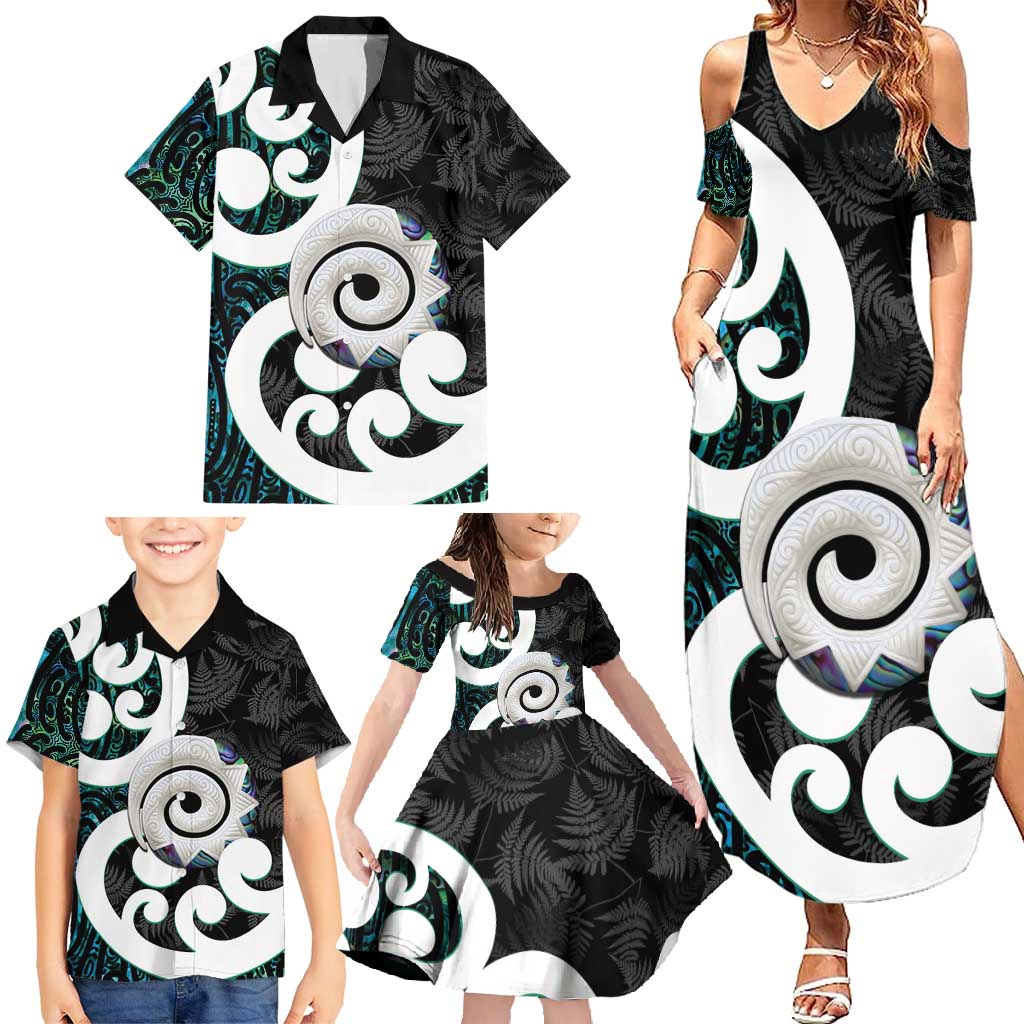 Aotearoa Koru Family Matching Summer Maxi Dress and Hawaiian Shirt Cyan Maori Paua Shell Mix Silver Fern