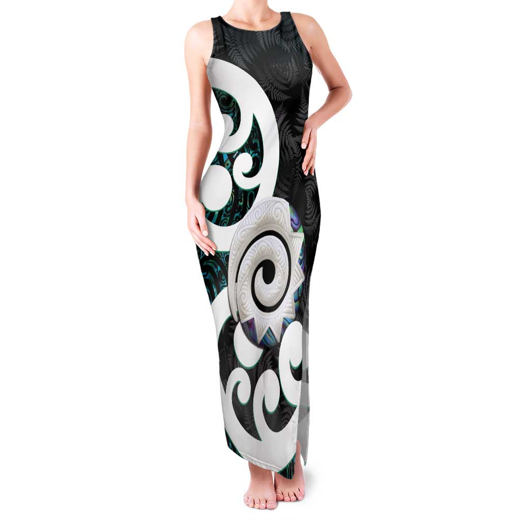 Aotearoa Koru Family Matching Tank Maxi Dress and Hawaiian Shirt Cyan Maori Paua Shell Mix Silver Fern LT14 Mom's Dress Black - Polynesian Pride