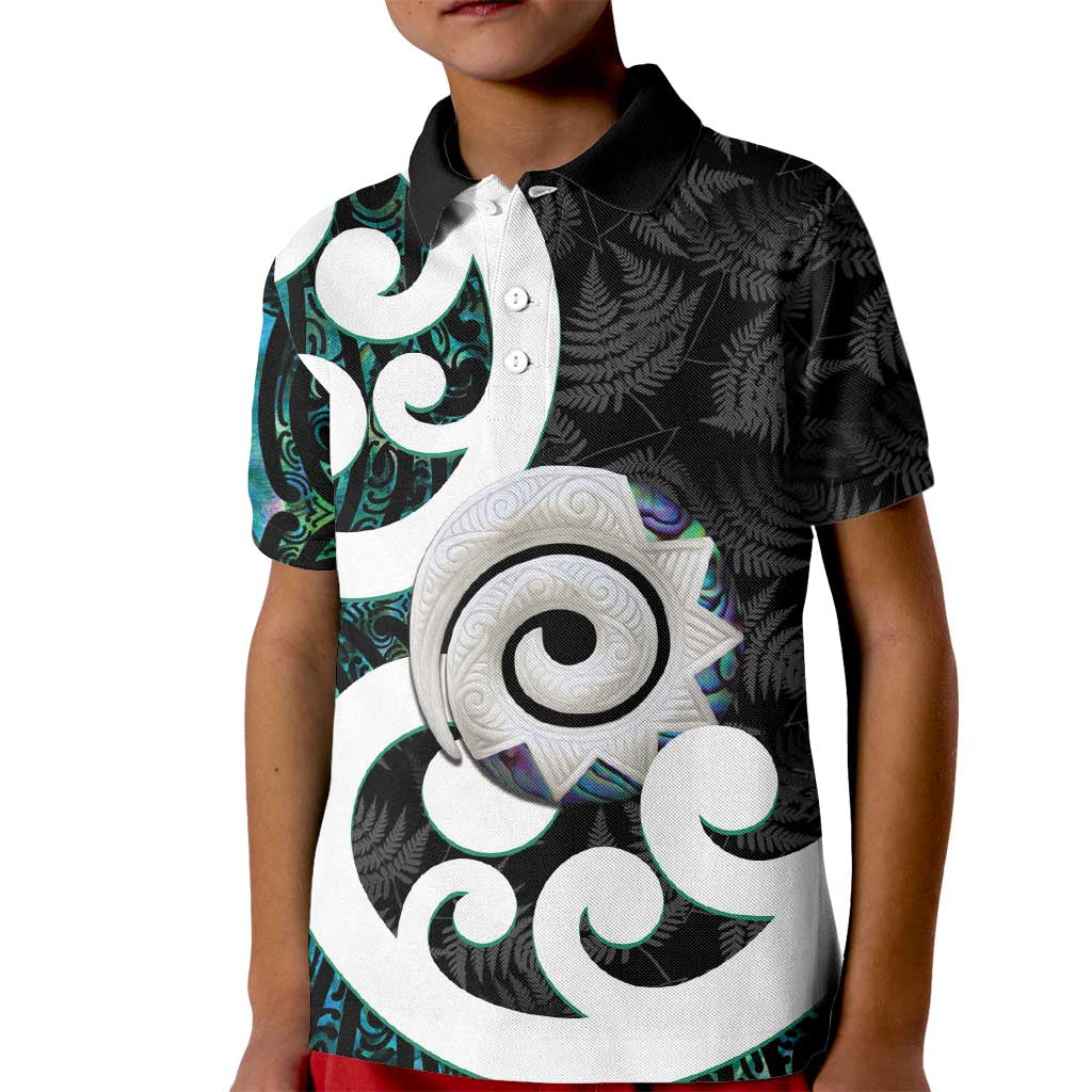 Aotearoa Koru Kid Polo Shirt Cyan Maori Paua Shell Mix Silver Fern LT14 Kid Black - Polynesian Pride