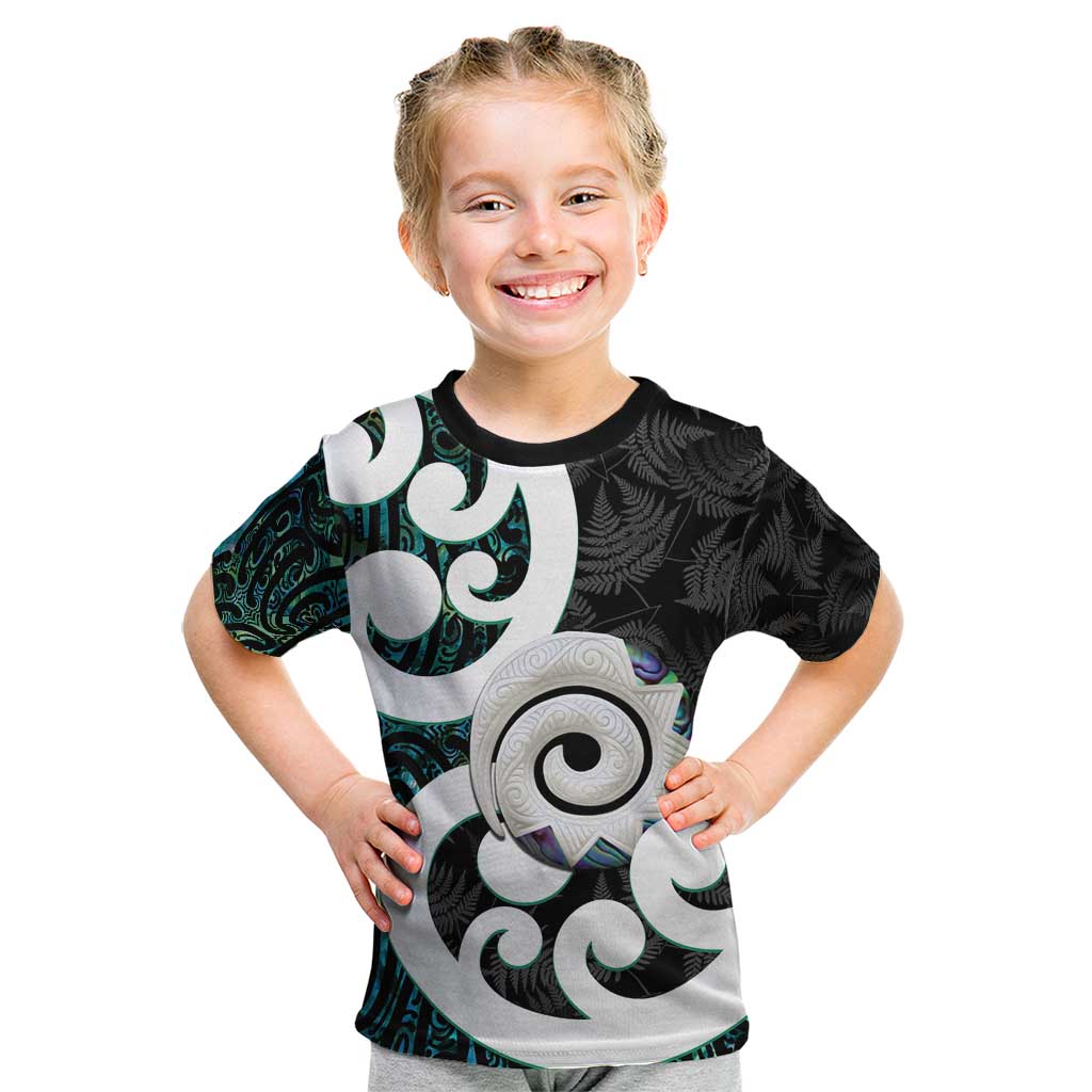 Aotearoa Koru Kid T Shirt Cyan Maori Paua Shell Mix Silver Fern