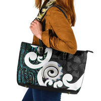 Aotearoa Koru Leather Tote Bag Cyan Maori Paua Shell Mix Silver Fern LT14 Black - Polynesian Pride