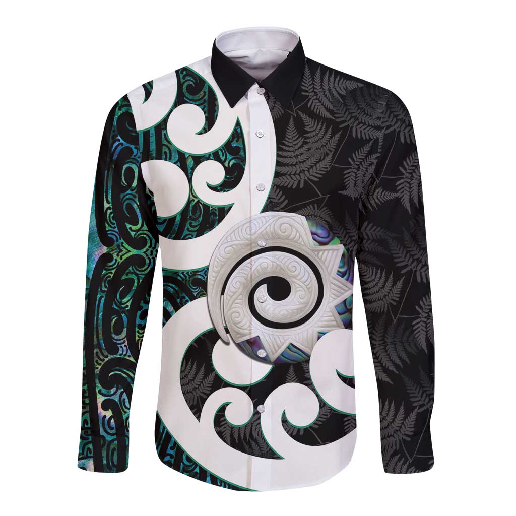 Aotearoa Koru Long Sleeve Button Shirt Cyan Maori Paua Shell Mix Silver Fern LT14 Unisex Black - Polynesian Pride