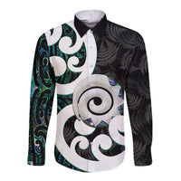 Aotearoa Koru Long Sleeve Button Shirt Cyan Maori Paua Shell Mix Silver Fern LT14 Unisex Black - Polynesian Pride