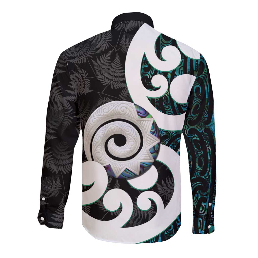 Aotearoa Koru Long Sleeve Button Shirt Cyan Maori Paua Shell Mix Silver Fern LT14 - Polynesian Pride