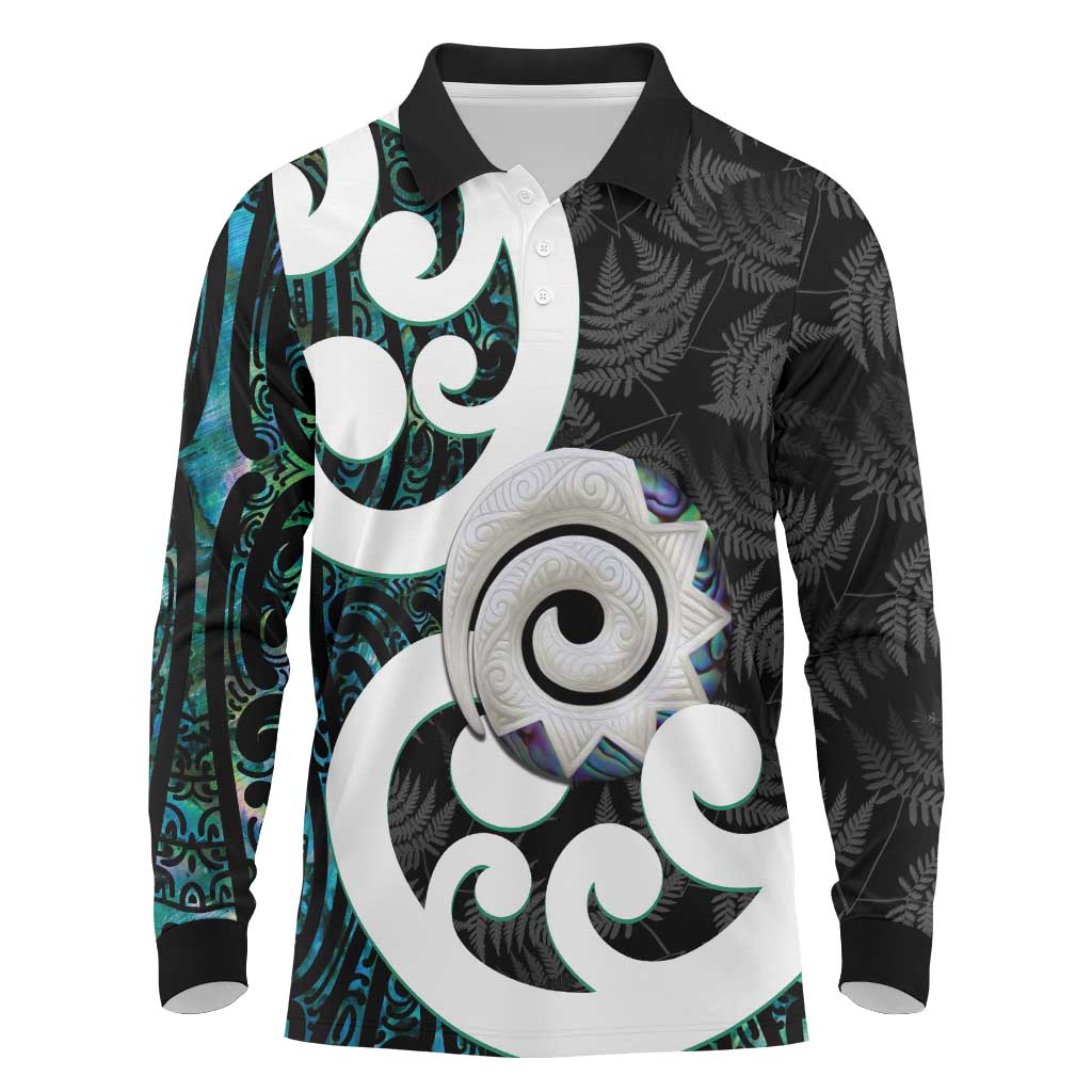 Aotearoa Koru Long Sleeve Polo Shirt Cyan Maori Paua Shell Mix Silver Fern