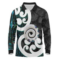 Aotearoa Koru Long Sleeve Polo Shirt Cyan Maori Paua Shell Mix Silver Fern