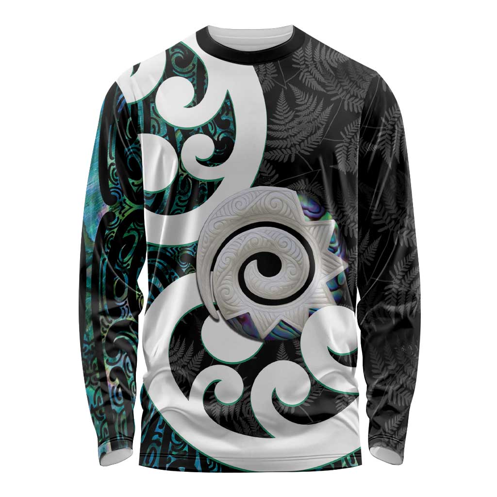 Aotearoa Koru Long Sleeve Shirt Cyan Maori Paua Shell Mix Silver Fern