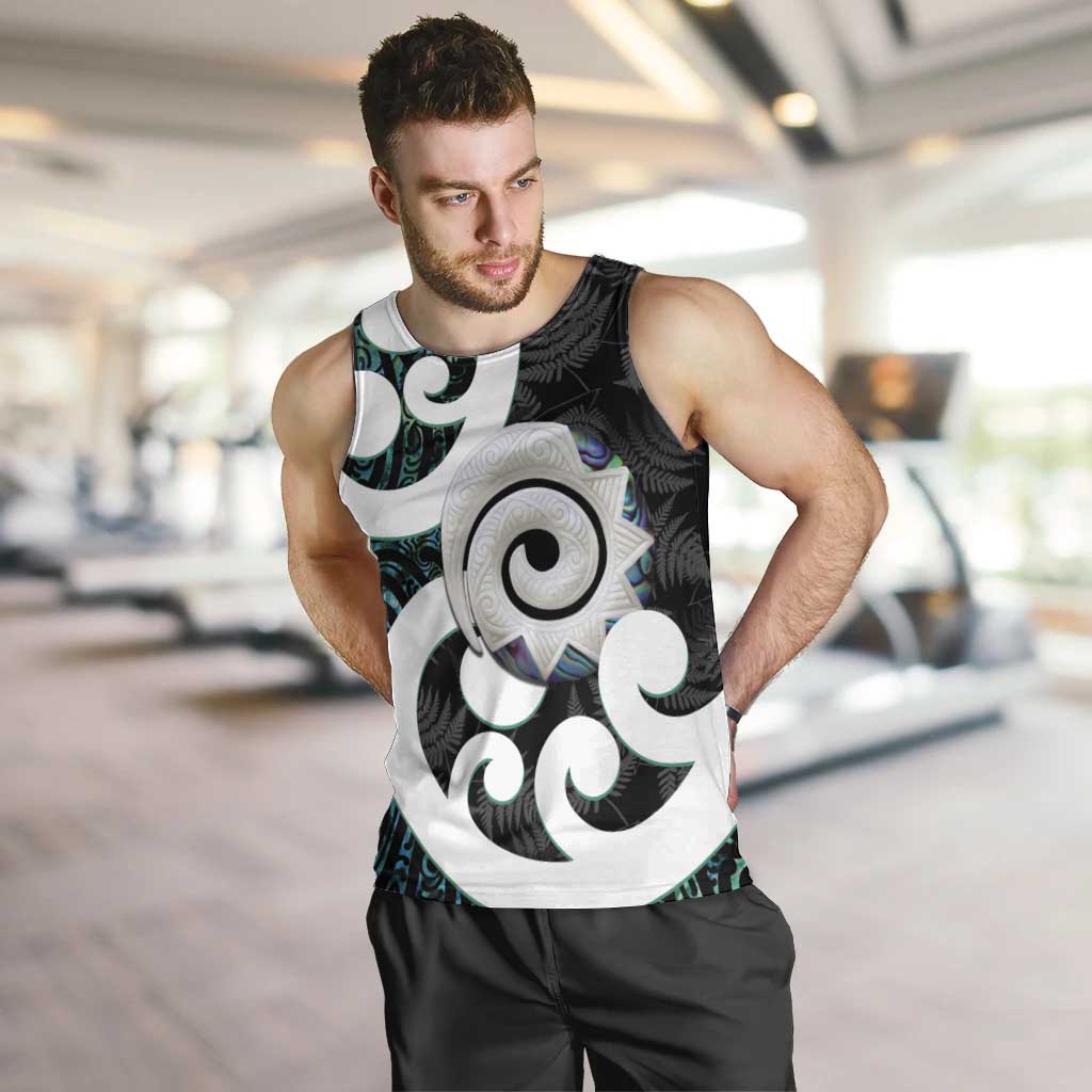 Aotearoa Koru Men Tank Top Cyan Maori Paua Shell Mix Silver Fern